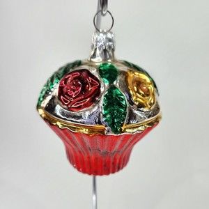 Vintage Ornament Flower Rose Basket Figural Cupcake West Germany Blown Glass